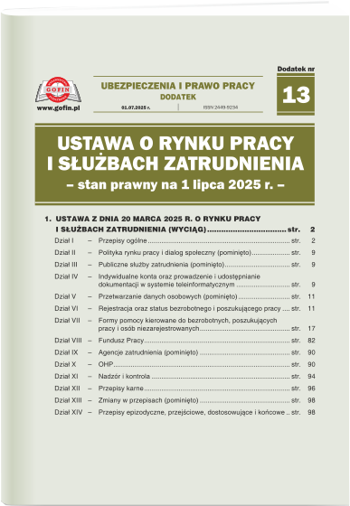 Ustawa o rynku pracy i służbach zatrudnienia. Stan prawny na 1 lipca 2025 r. - dodatek (przepisy prawne) nr 13 do Ubezpieczeń i Prawa Pracy nr 13 (631) z dnia 1.07.2025