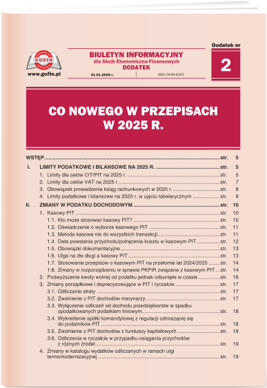 Co nowego w przepisach w 2025 r. - dodatek tematyczny nr 2 do Biuletynu Informacyjnego dla Służb Ekonomiczno-Finansowych nr 1 (1225) z dnia 1.01.2025