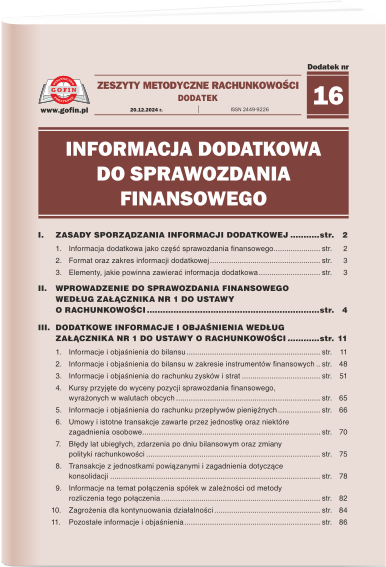 Informacja dodatkowa do sprawozdania finansowego - dodatek tematyczny nr 16 do Zeszytów Metodycznych Rachunkowości nr 24 (624) z dnia 20.12.2024