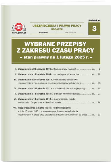 Wybrane przepisy z zakresu czasu pracy. Stan prawny na 1 lutego 2025 r. - dodatek (przepisy prawne) nr 3 do Ubezpieczeń i Prawa Pracy nr 3 (621) z dnia 1.02.2025